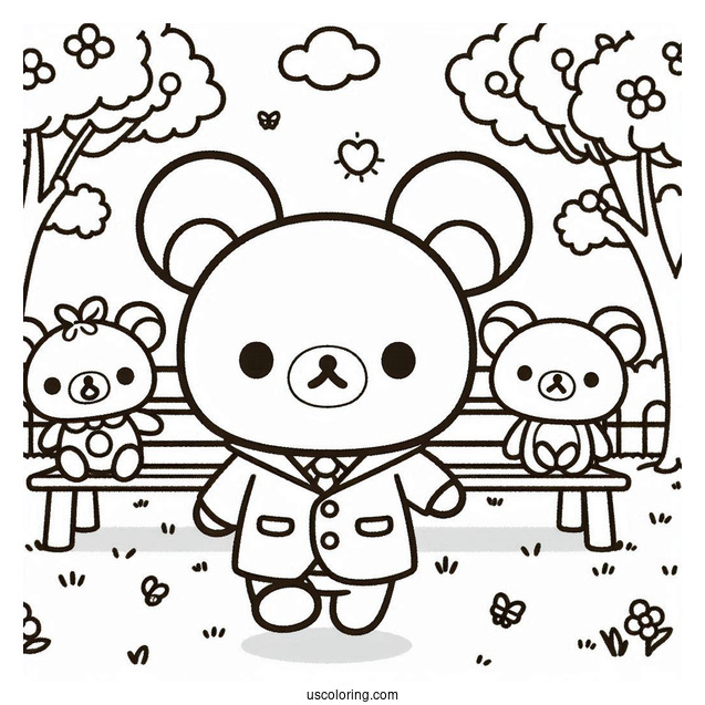 Rilakkuma Coloring Page At The Park With Korilakkuma, Kiiroitori, And Chairoikoguma
