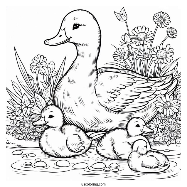 Duck Family Resting Near the Water Coloring Sheet