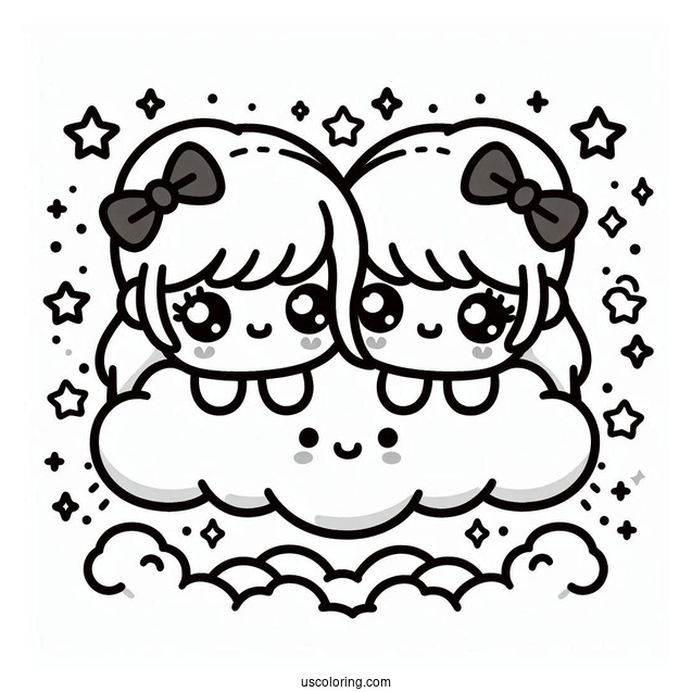 Kawaii Little Twin Stars On A Cloud Coloring Sheet