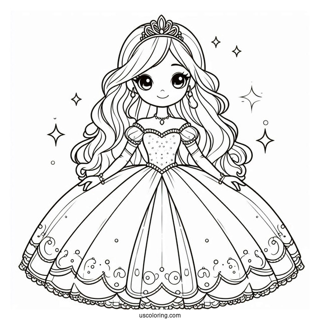 Cute Princess Coloring Page In Ball Gown And Gloves