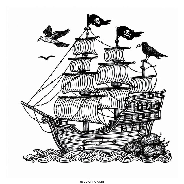 Simple Pirate Ship With Crows Nest To Color