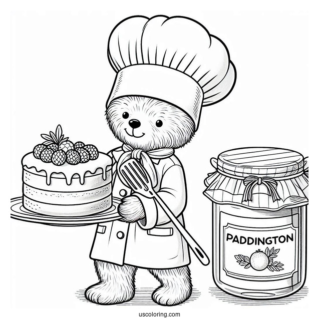 Chef Paddington Coloring Page Carrying A Cake And A Jar Of Marmalade