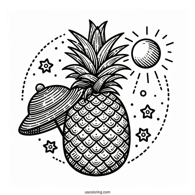 Tropical Pineapple Coloring Page Wearing a Sun Hat For Kids