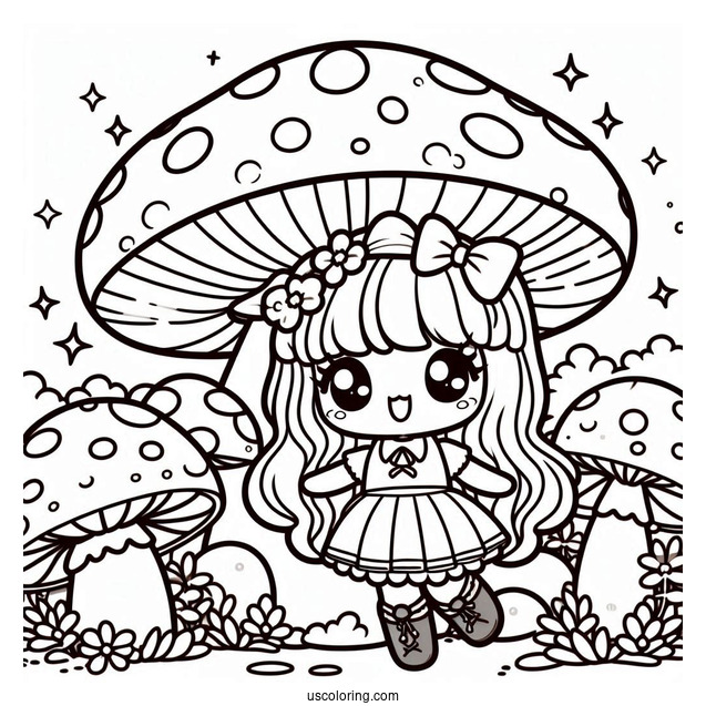 Kawaii Girls Playing With A Giant Mushroom Coloring Page
