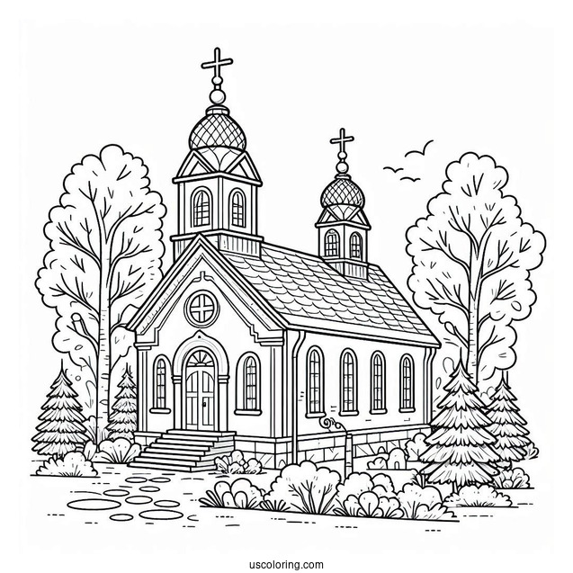 Small Church Coloring Page Surrounded By Trees For Preschoolers