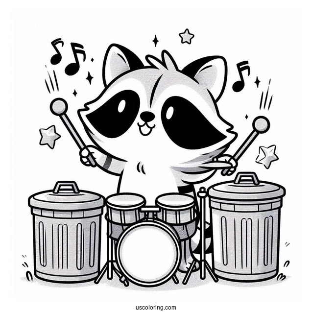 Raccoon Coloring Page Playing Drums With Trash Bins