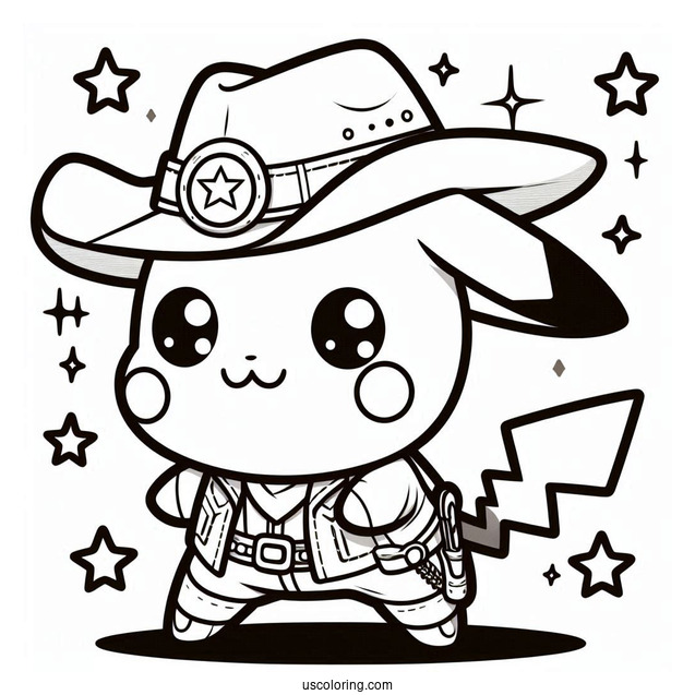 Kawaii Cowboy Coloring Page Pikachu For Kids