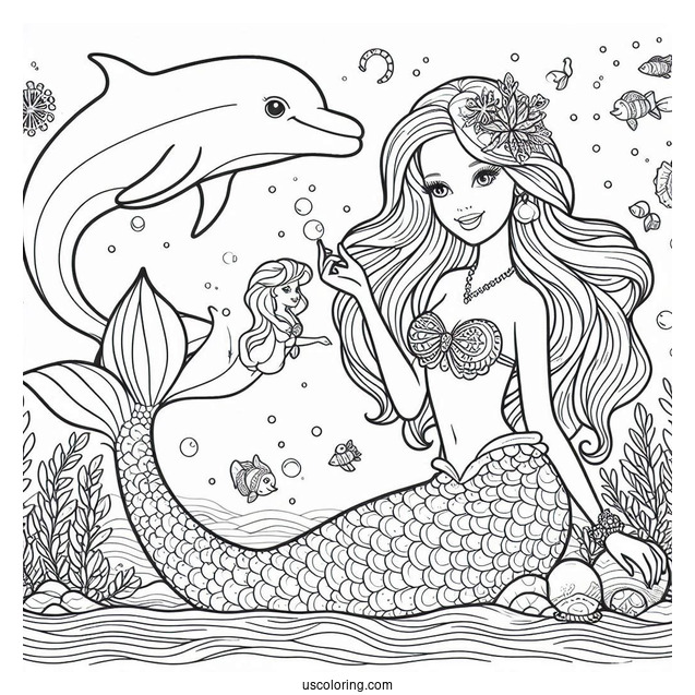 Mermaid Barbie Swimming With Dolphin To Color