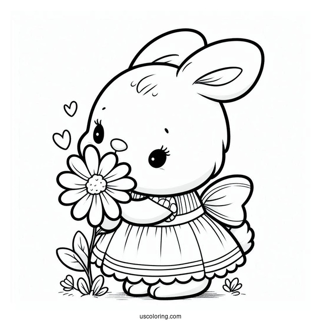 Simple Easter Coloring Page Of Bunny In A Dress Sniffing A Flower For Preschoolers