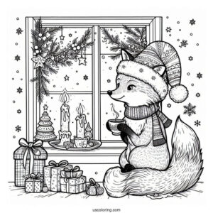 Christmas Coloring Pages For Adults Of Adorable Fox Drinking Tea By The Window