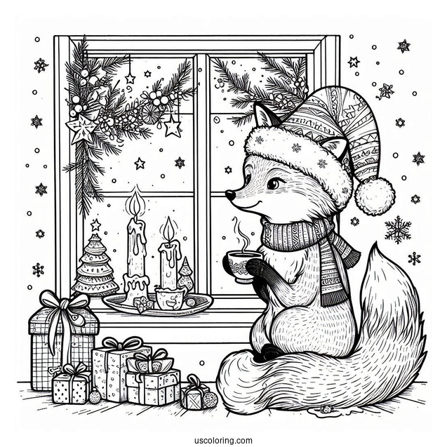 Christmas Coloring Pages For Adults Of Adorable Fox Drinking Tea By The Window