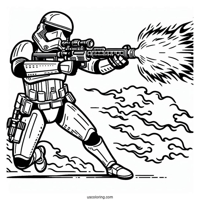 Easy Stormtrooper Coloring Page Shooting Blaster With Flames In The Background