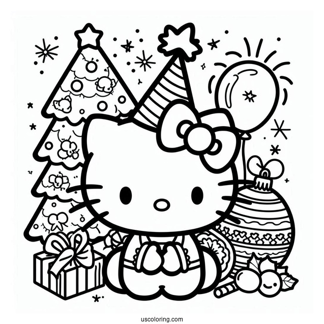 Kawaii Hello Kitty With Party Hat On New Year Coloring Page
