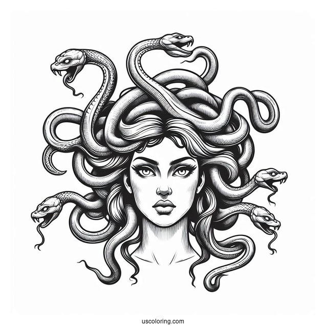 Realistic Medusa Coloring Page With Large Snakes On Head