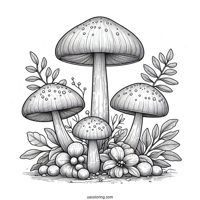 Three Realistic Mushroom Coloring Page Surrounded By Larger Plants