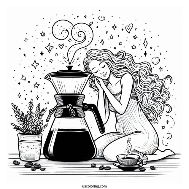 Coffee Coloring Pages Of Easy Woman Hugging Chemex Coffee Maker For Kids