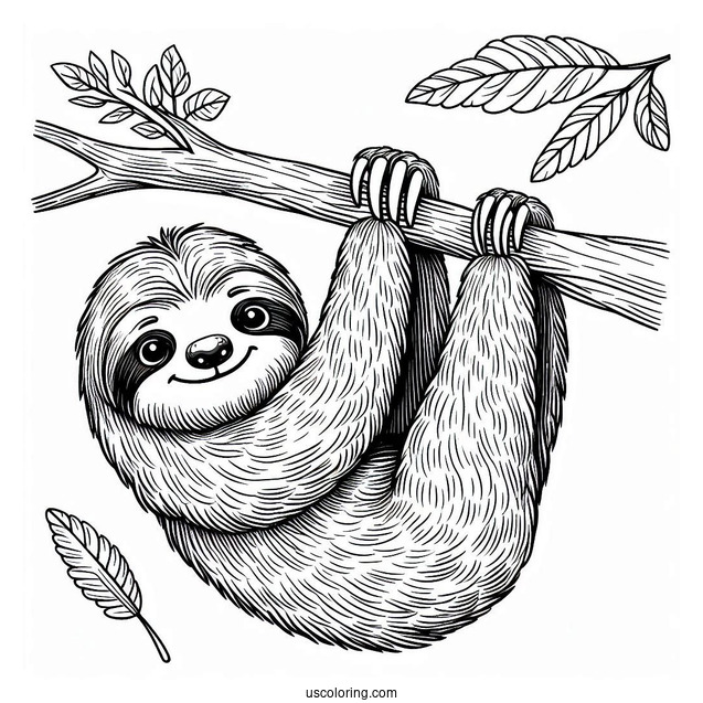 Smiling Sloth Hanging From Tree Branch To Color