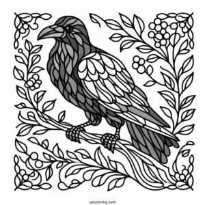 Raven Perched On A Branch Stained Glass Coloring Page For Kids