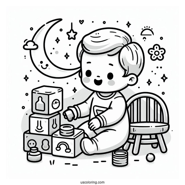 Cute Baby Coloring Page Playing With Blocks For Kids