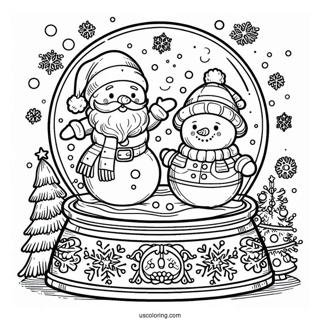 Santa And Snowman Snow Globe Coloring Page For Kids