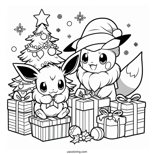 Pokemon Christmas Coloring Page Christmas Eevee And Pikachu Opening Presents