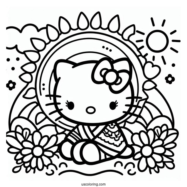 Simple Sun Shining Down On Hello Kitty Coloring Page For Kids