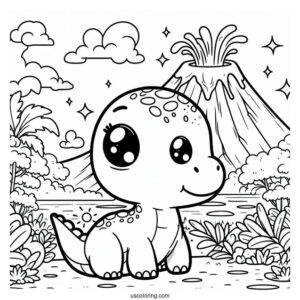 Kawaii Parasaurolophus Coloring Page With Volcano For Preschoolers