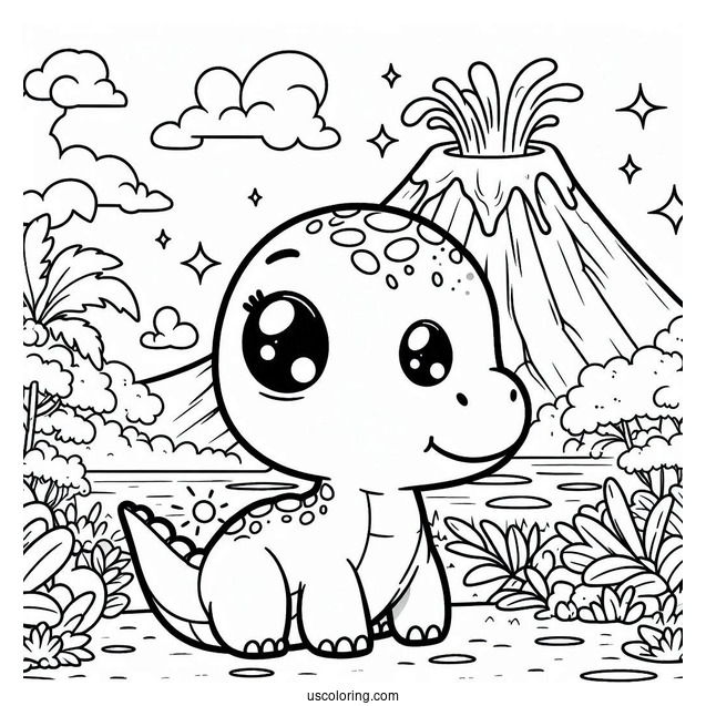 Kawaii Parasaurolophus Coloring Page With Volcano For Preschoolers