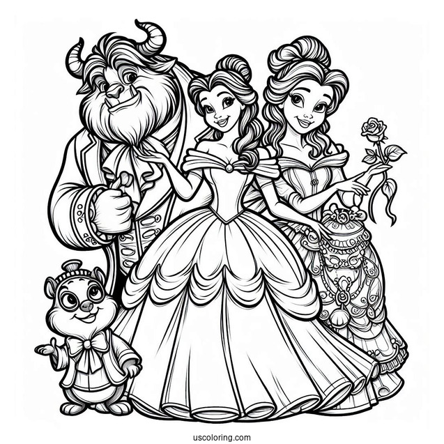Belle With Cogsworth, Chip, Mrs Potts And The Beast