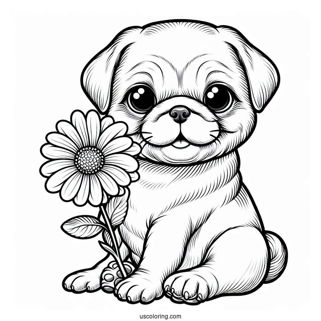 Pug Puppy Holding Flower In Mouth To Color