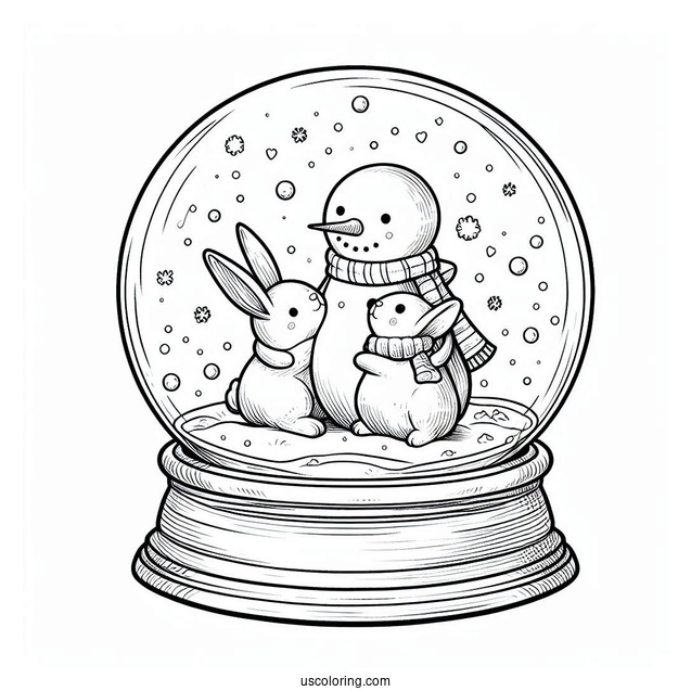 Snowman Hugging Rabbits Snow Globe Coloring Page