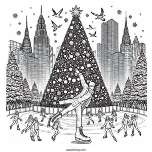 Christmas Coloring Pages For Adults Of Giant Christmas Tree In The City With Ice Skaters