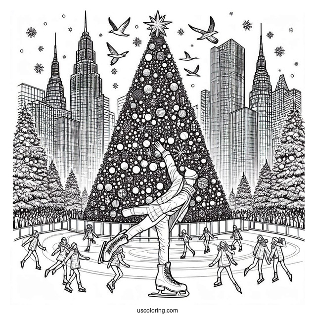 Christmas Coloring Pages For Adults Of Giant Christmas Tree In The City With Ice Skaters