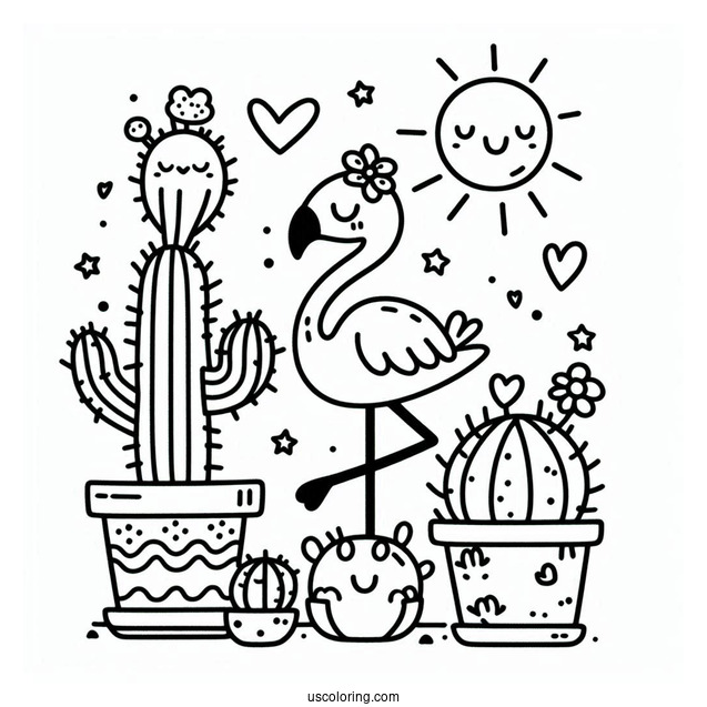 Kawaii Cactus And Flamingo To Color