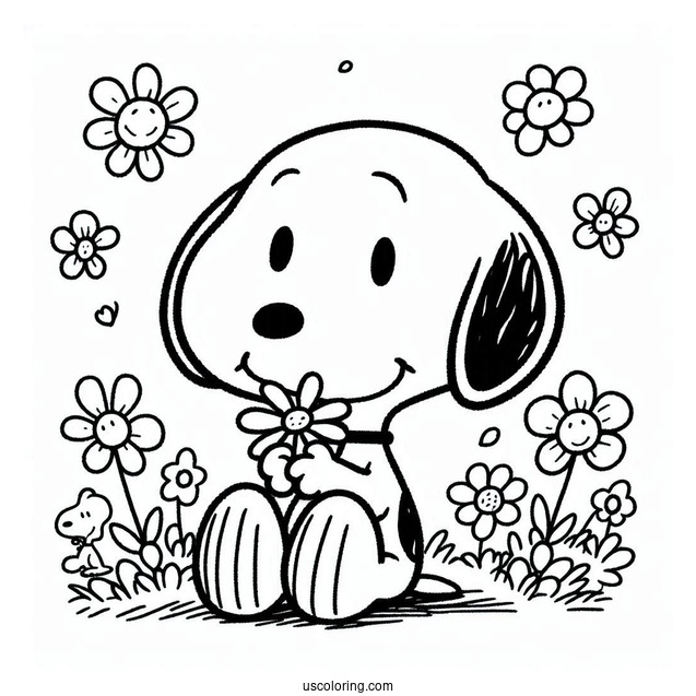 Smiling Snoopy With Flowers Coloring Picture