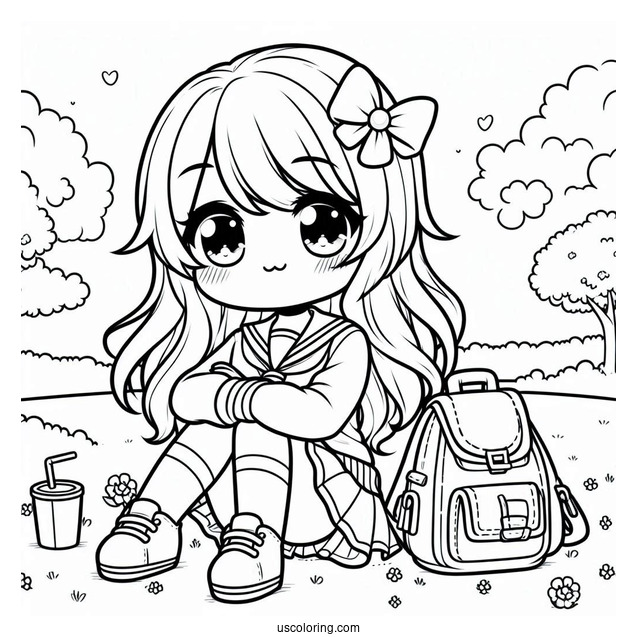 Kawaii School Girl Sitting In A Park Coloring Page