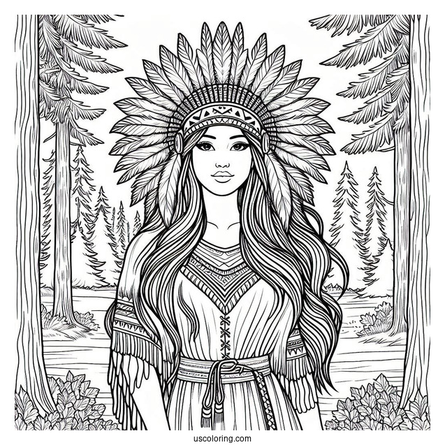 Native American Coloring Page Woman Standing In The Forest