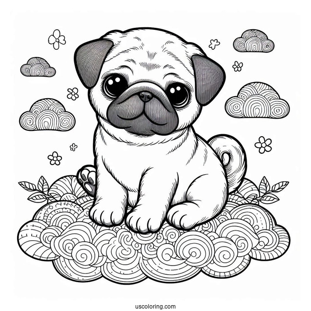Lovable Pug Coloring Page Puppy Floating in the Clouds