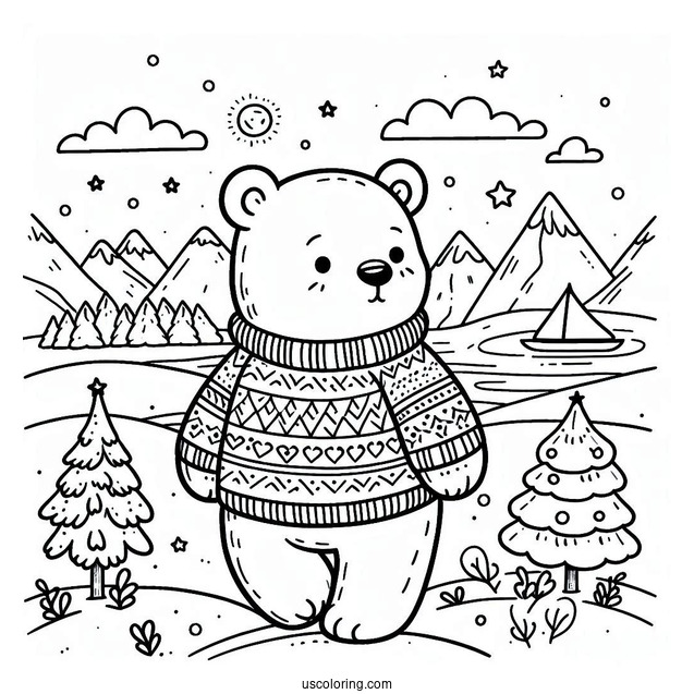 Polar Bear In A Sweater Going To The North Pole Coloring Page