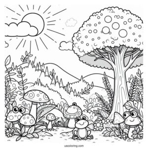 Cute Coloring Page Landscape With Mushrooms And Frogs