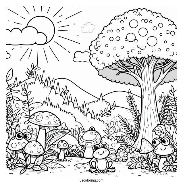 Cute Coloring Page Landscape With Mushrooms And Frogs