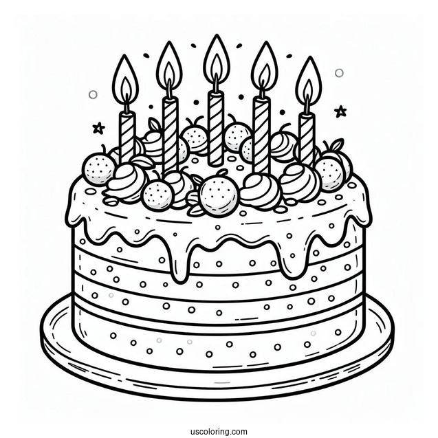 Cartoon Birthday Cake Coloring In For Kids