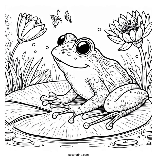 Frog On Lily Pad In Spring Coloring Page