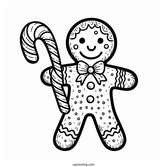 Gingerbread Man Holding Candy Cane Coloring Page
