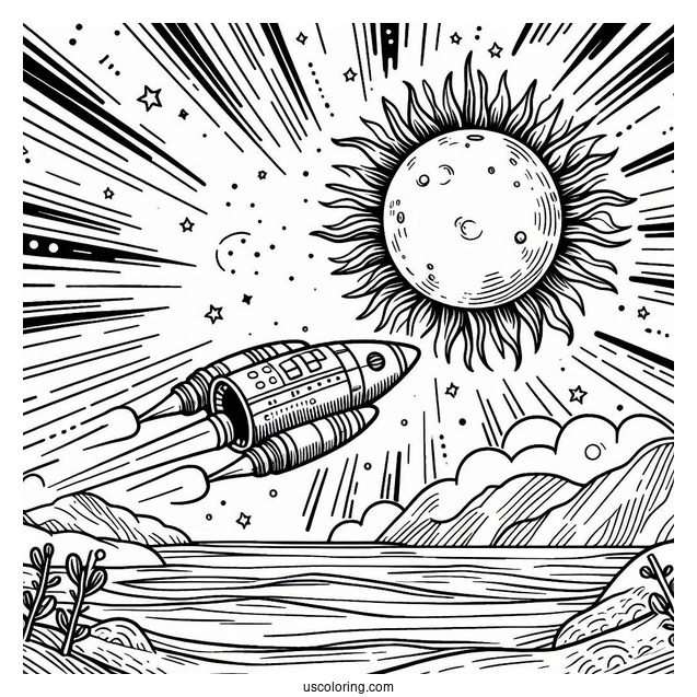 Spaceship Cruising Past The Sun Coloring Pages In Outer Space