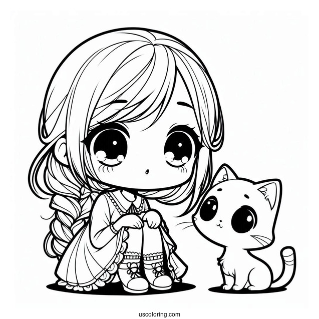 Curious Chibi Girl With Her Cat