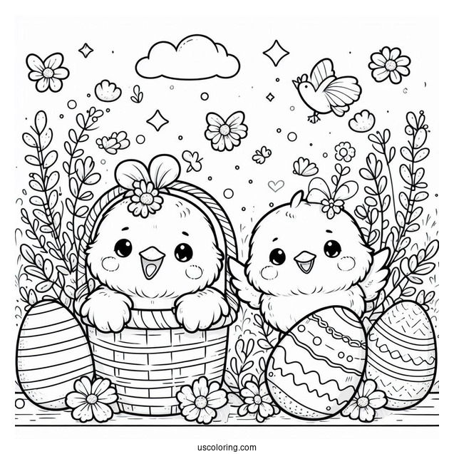 Easter Coloring Page Of Kawaii Chicks Standing Next To Easter Egg Basket For Kids
