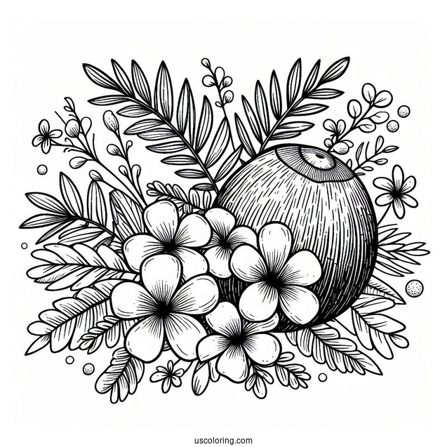 Full Page Flowers And Coconut Coloring Page