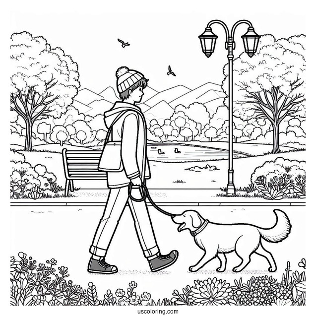 Coloring Sheet Of Man Walking His Dog In Park