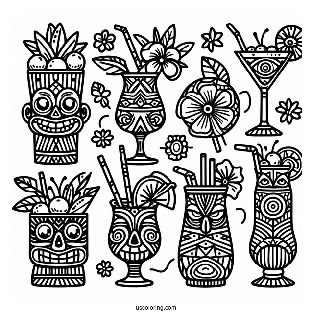 Hawaiian Tiki And Cocktails Pattern Coloring Page